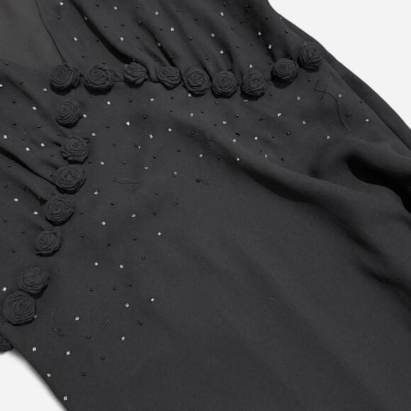 NWT VTG Y2K Karen Kane Black Silk Rosette Beaded Plunge Dark Fairy Maxi Dress L - Picture 7 of 8